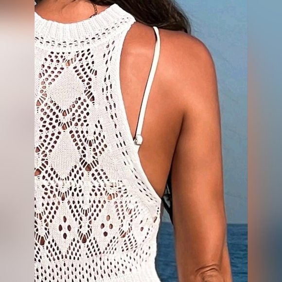 New Boho Crochet Knit Maxi Split Cover Up Dress White - Picture 4 of 8